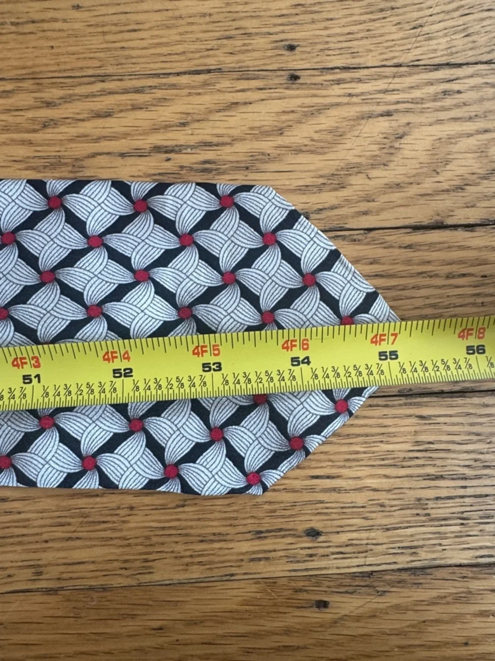 Bally Geometric Silk Tie in Black, White & Red Dot Accents